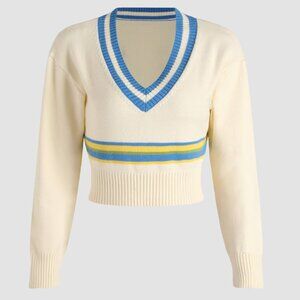 Cider V-neck Campus Sweater Top Crop Knit Long Sleeve White Blue Stripe Varsity